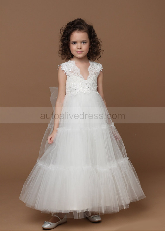 Ivory Lace Tulle Ankle Length Flower Girl Dress